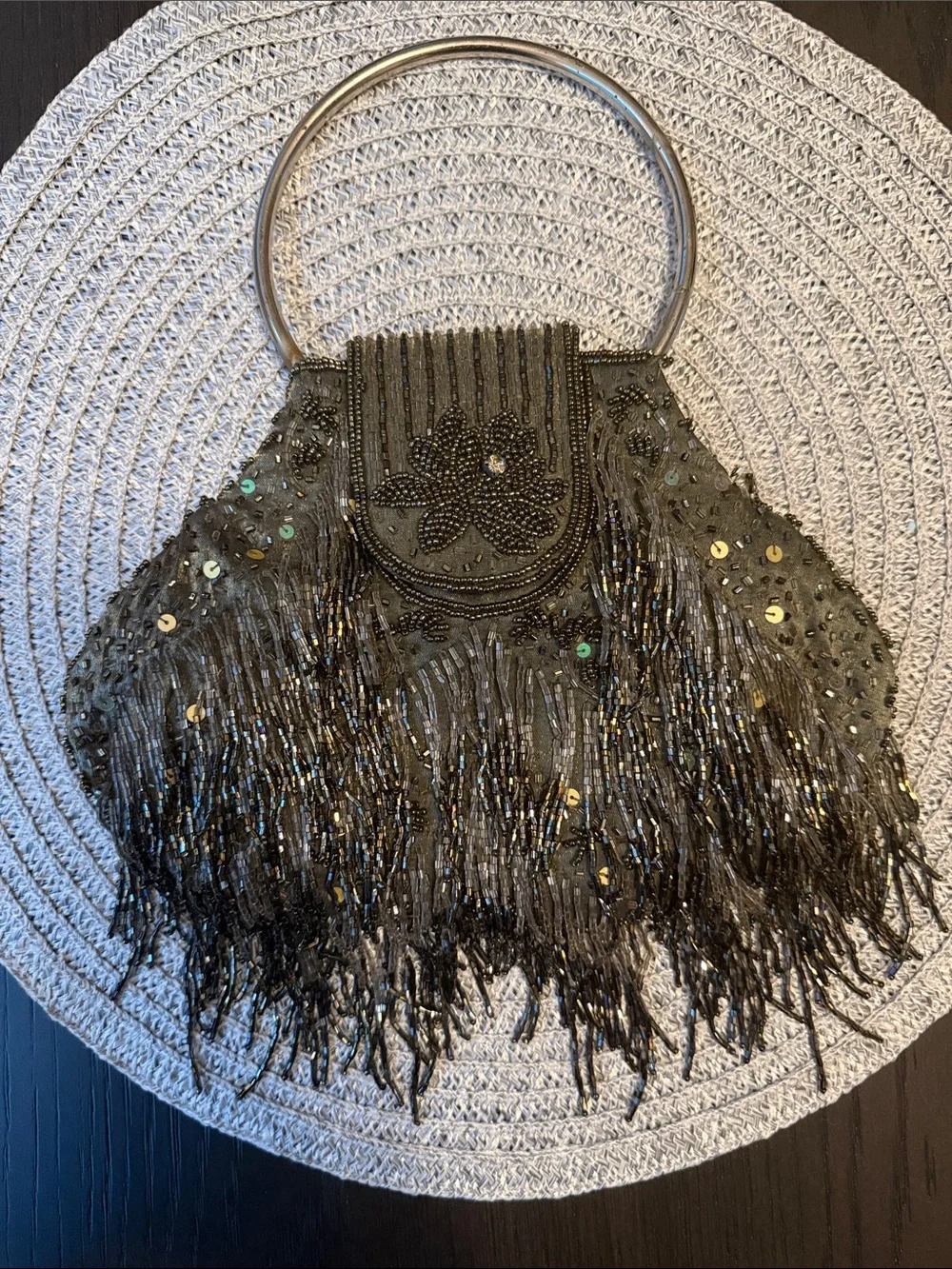 Embellished Beaded Fringe Evening Bag - Black